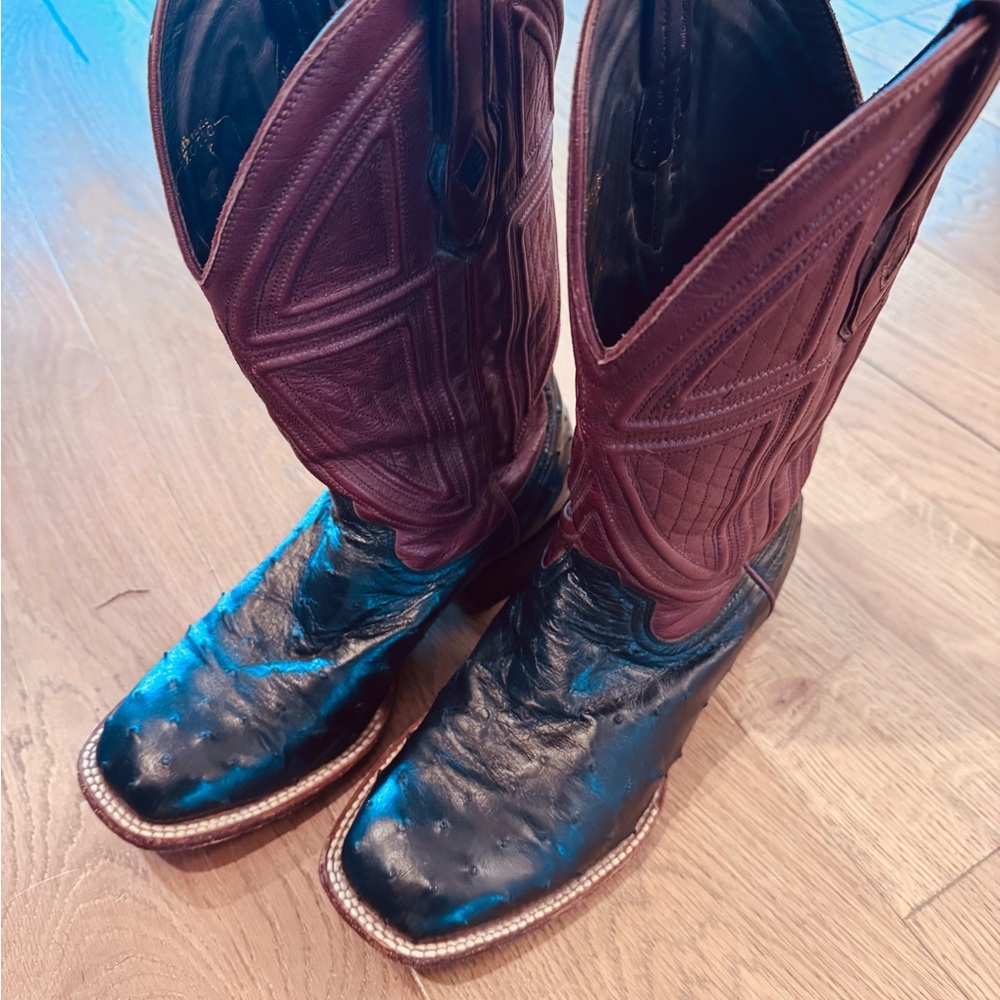 Stetson Full Quill Ostrich Black and Burgundy Cowboy Boots